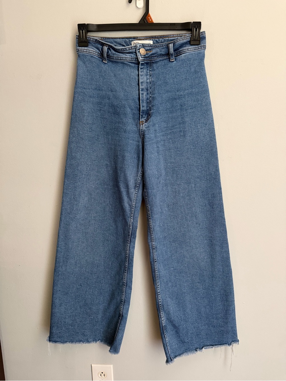 Zara Marine Straight Wide Leg Jeans High Rise Raw Hem Blue Sz 8